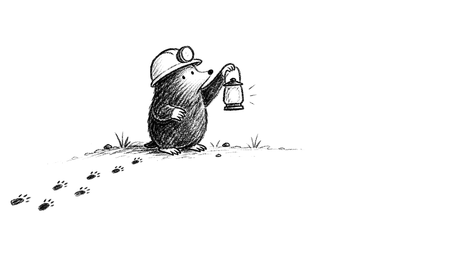 A mole in a hard hat holding up a lantern beside a trail of small footprints crossing the ground