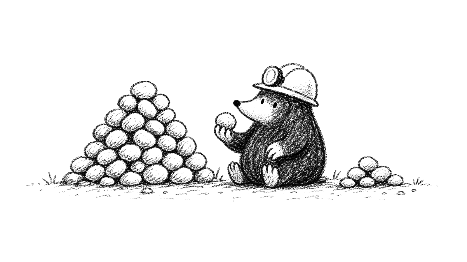 A mole in a hard hat sitting between a tall pile of pebbles and a much smaller one, holding a single pebble