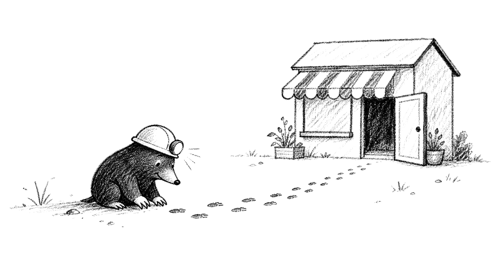 A mole in a hard hat crouched by a trail of small footprints leading towards the open door of a little shop