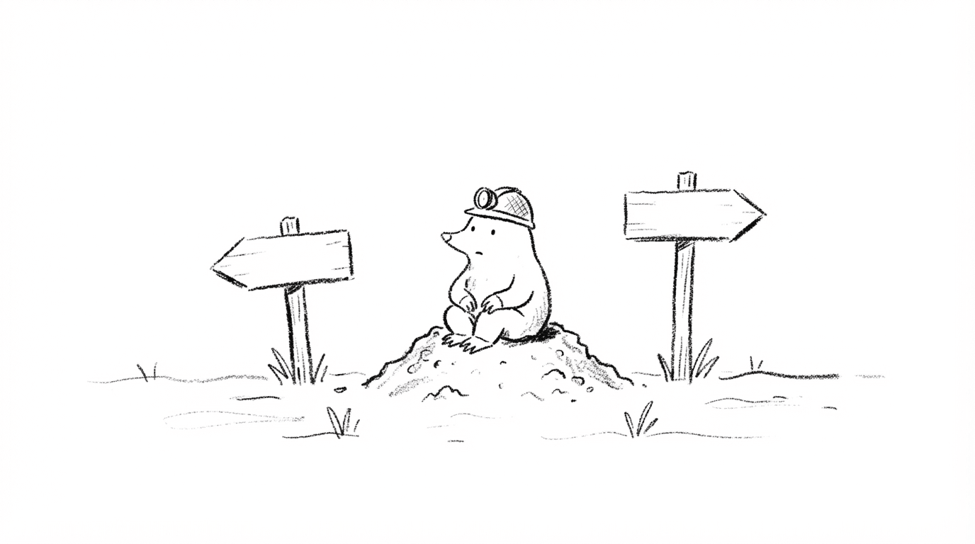 A mole in a hard hat sitting on a molehill between two wooden signposts pointing opposite ways