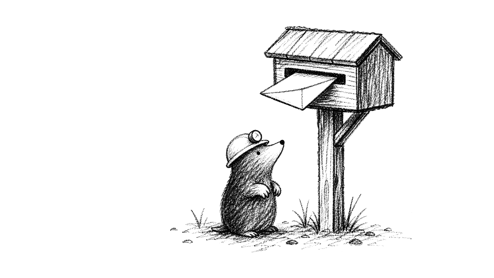 A mole in a hard hat looking up at an envelope going into the slot of a wooden letterbox on a post