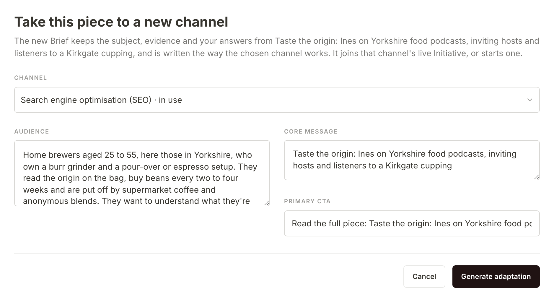 Adapt for another channel for the Huila brief: Search engine optimisation (SEO), in use, chosen as the channel, with the audience, core message and primary CTA carried over