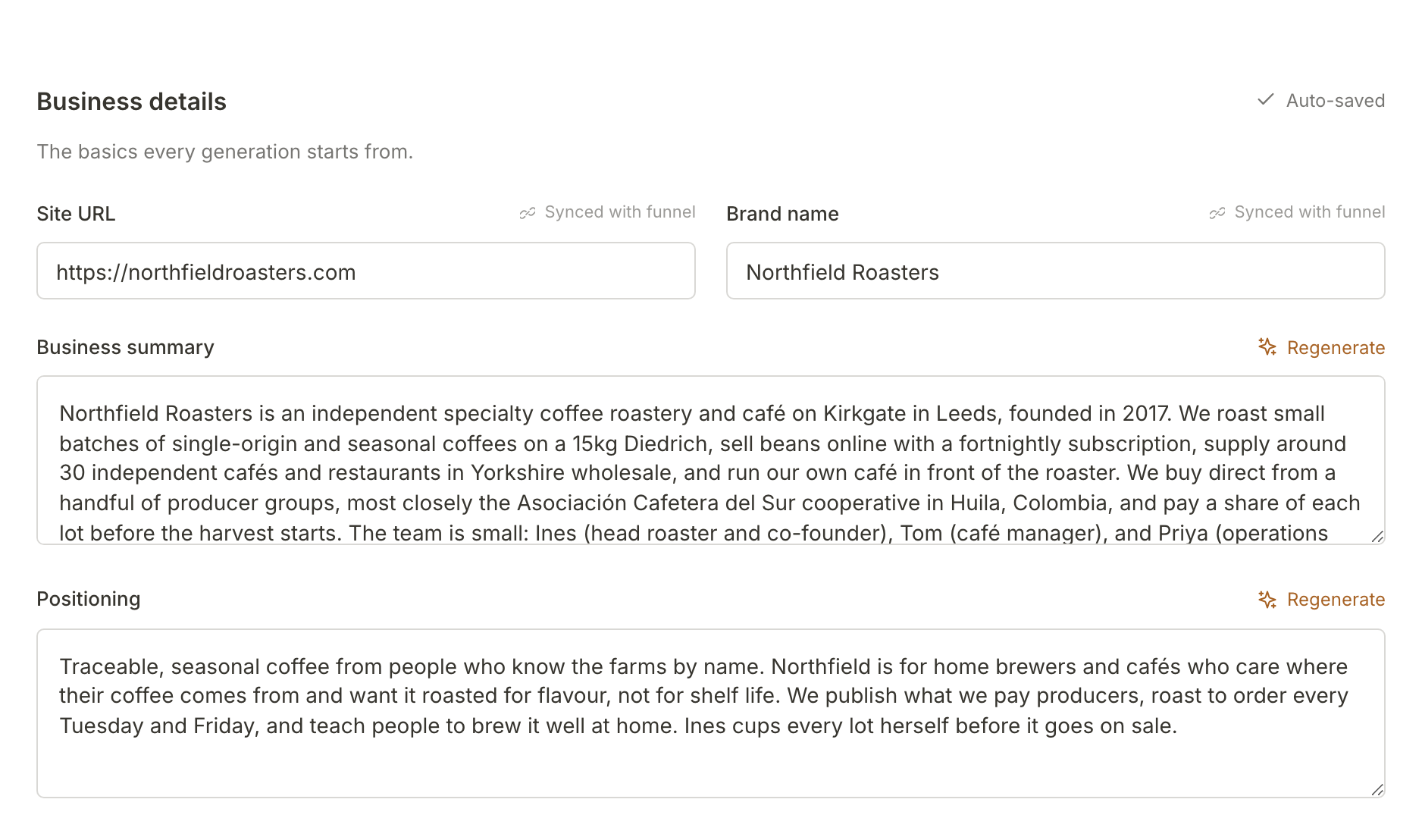 Business details on the Context page: Northfield's site URL, brand name, business summary and positioning, each summary field with its own Regenerate