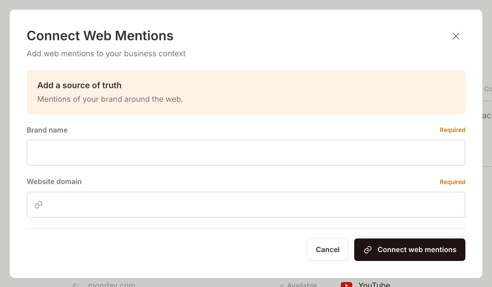 The Connect Web Mentions window, asking for a brand name and website domain, opened from the Connections section