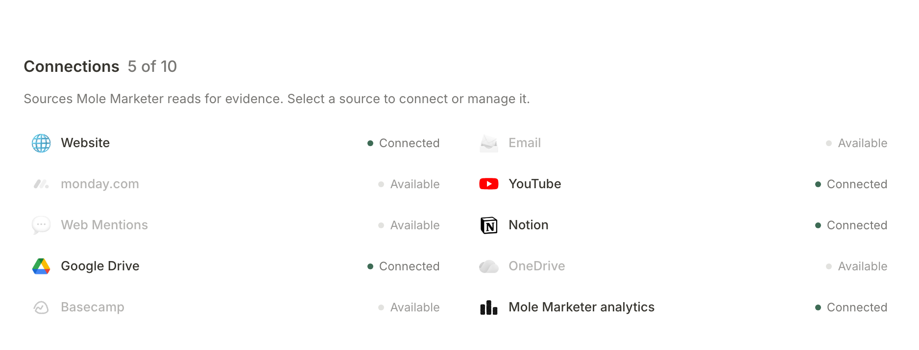 The Connections section: Website, YouTube, Notion, Google Drive and Mole Marketer analytics connected, five of ten