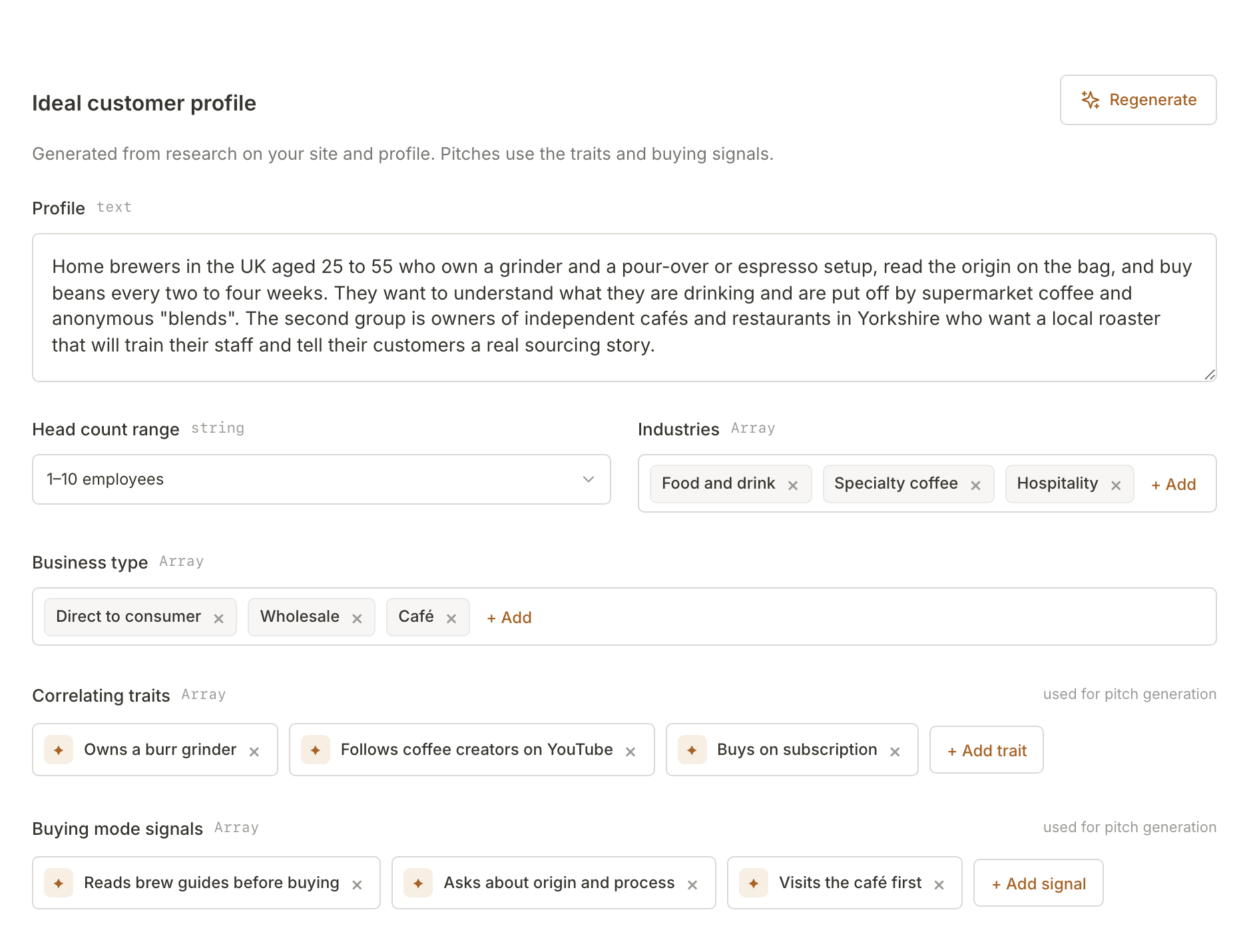 The ideal customer profile for Northfield: home brewers and Yorkshire cafés, with correlating traits and buying mode signals