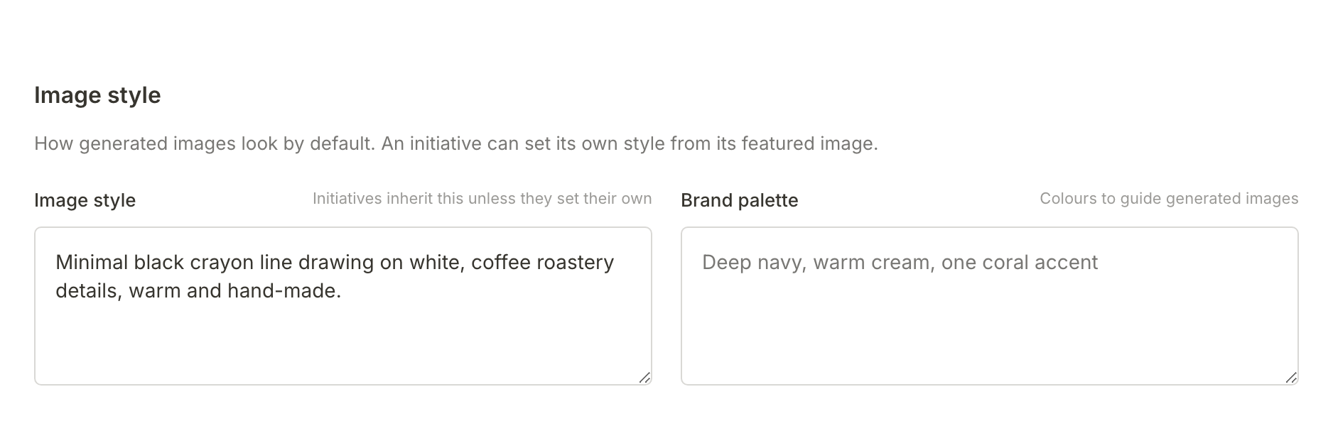 The Image style section: Northfield's crayon line drawing style, with the Brand palette field empty (the grey text is only its placeholder example)