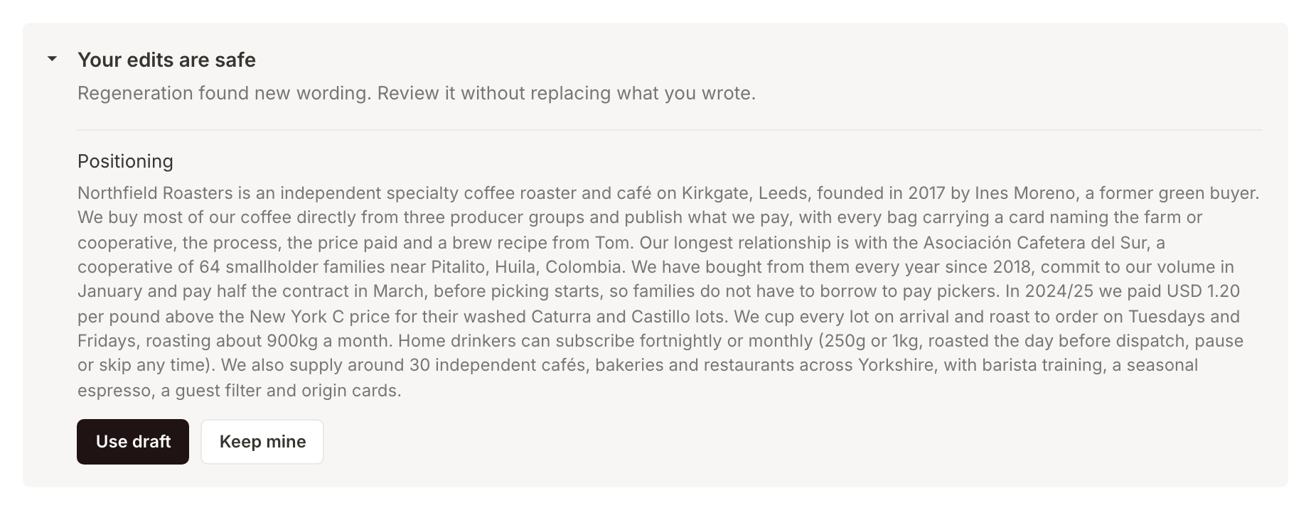 The Your edits are safe card on the Marketing page, holding a redrafted positioning with Use draft and Keep mine