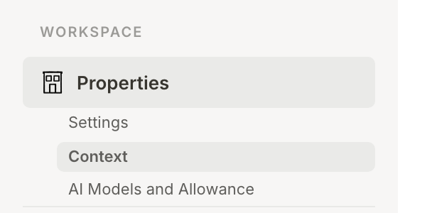 The sidebar's Workspace group, with Context highlighted under Properties
