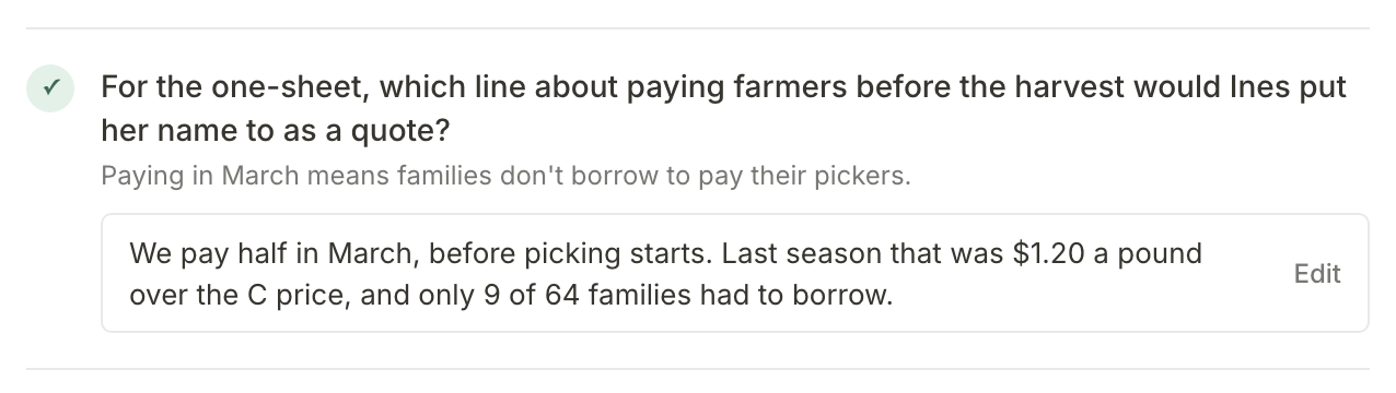 An answered question on the Huila brief: the line Ines would put her name to, with her answer about paying half in March and only 9 of 64 families borrowing