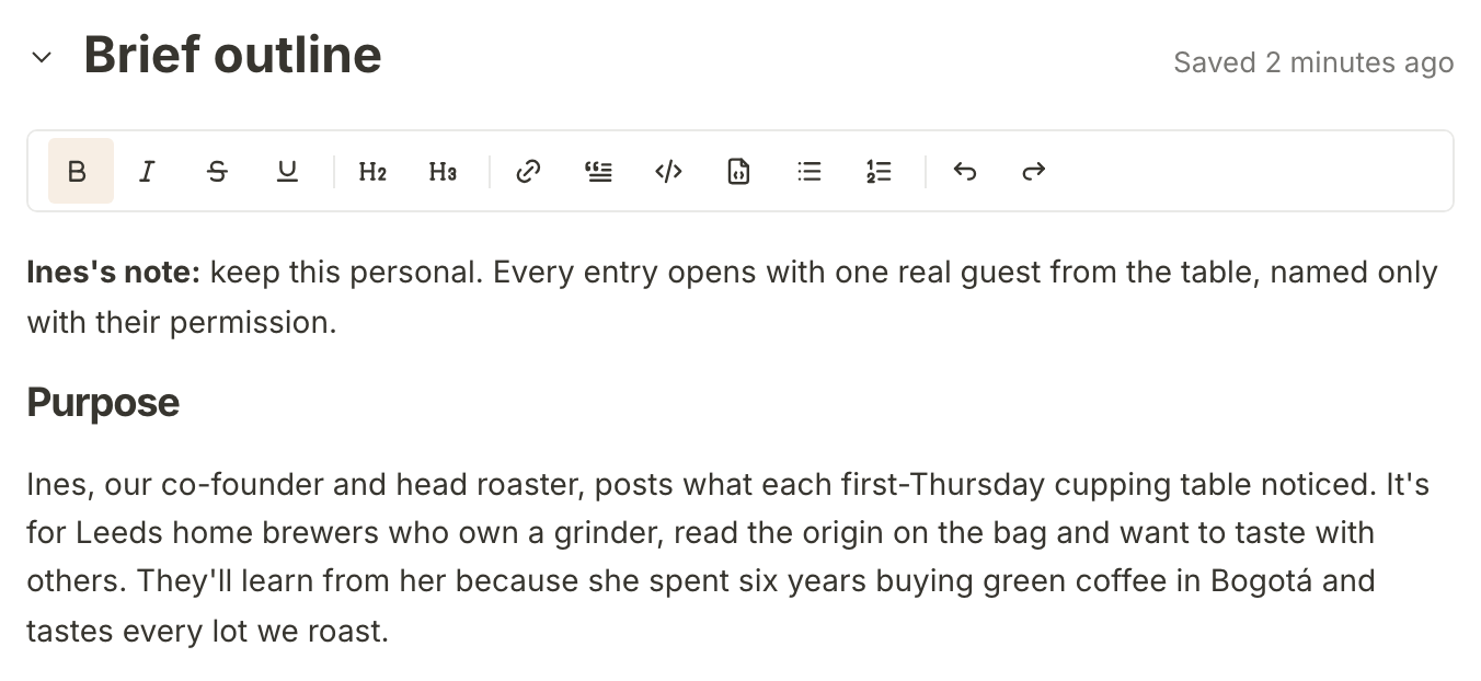 The Cupping seat diary brief's outline, with Ines's note added by hand at the top: keep this personal, and name a guest only with their permission