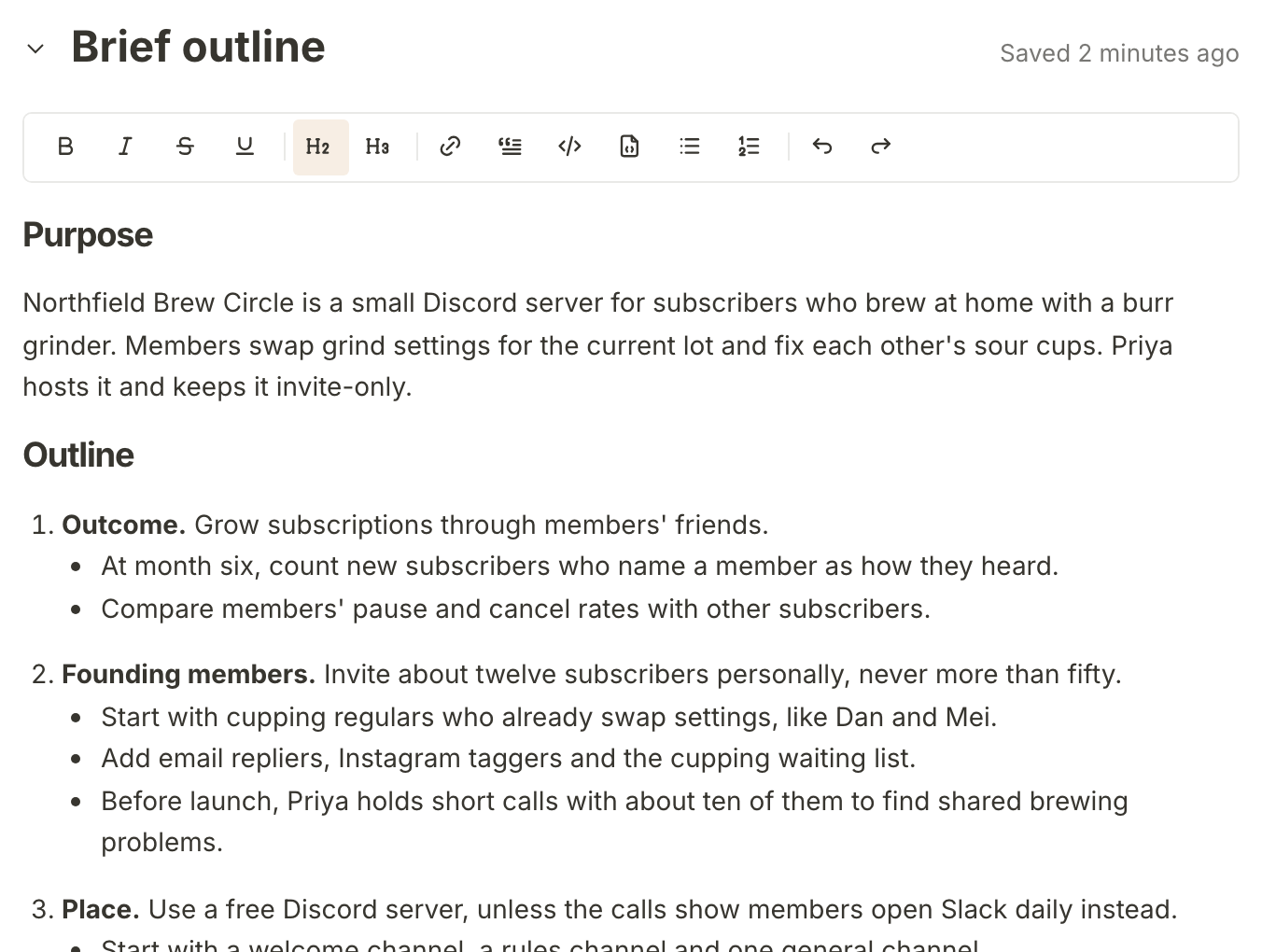 The Brew Circle brief's outline after an update: the founding members section now starts with cupping regulars like Dan and Mei, taken from an answer to one of its questions