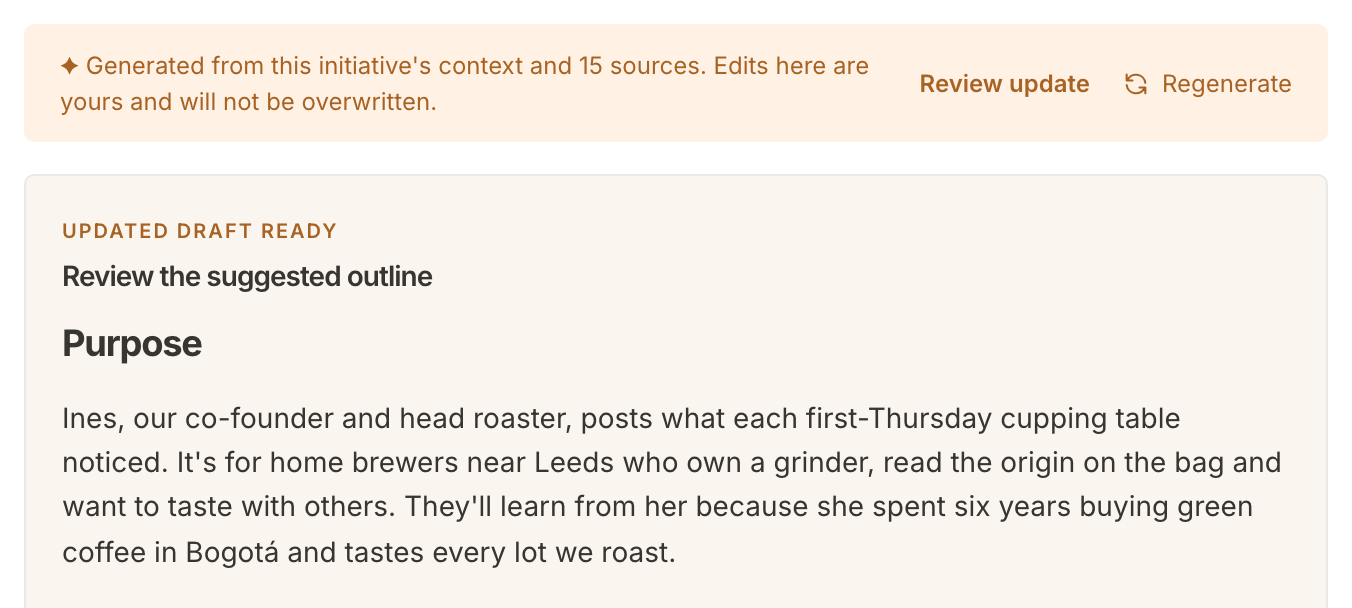Under the edited outline, Review update in the generated note and the Updated draft ready card: Review the suggested outline