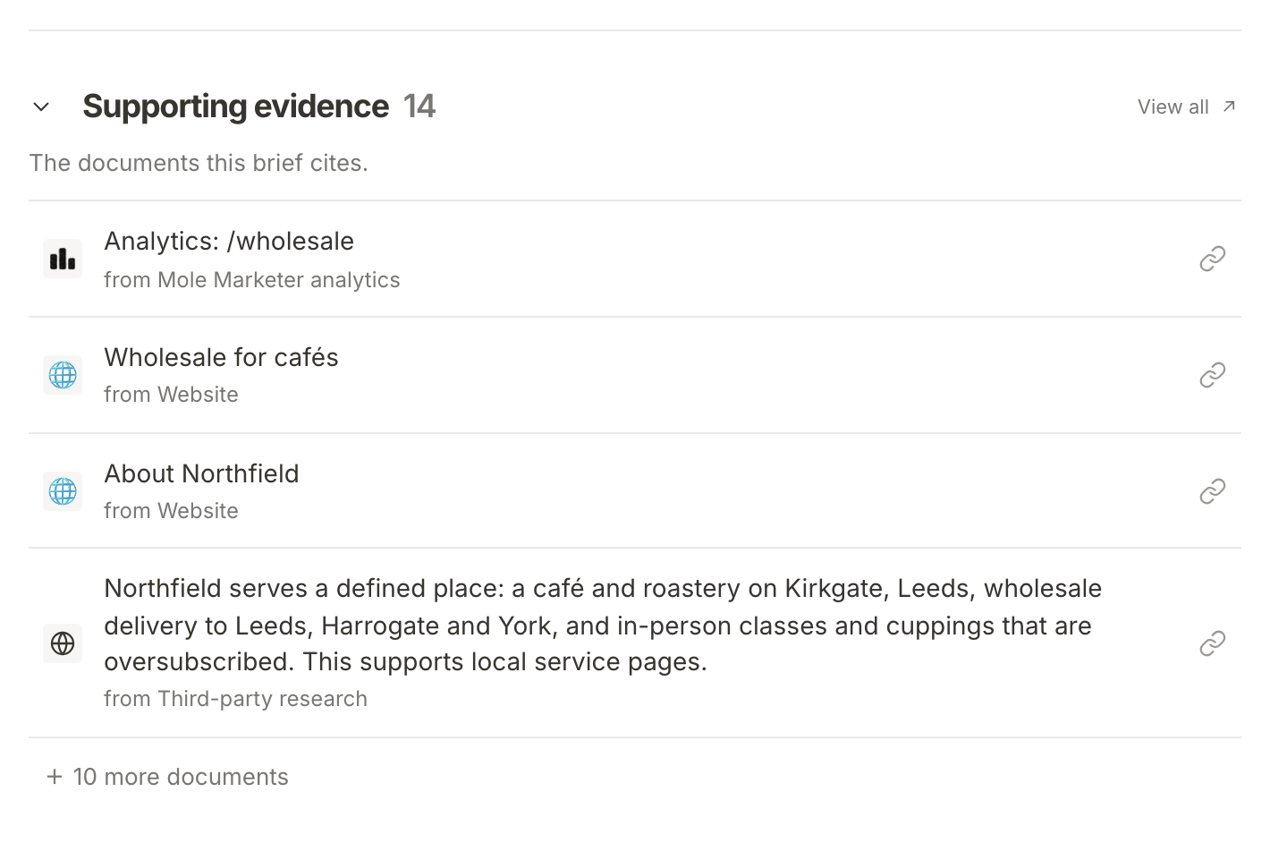 Supporting evidence in the Wholesale brief's Details: the first four cited documents, View all, and a link to the rest