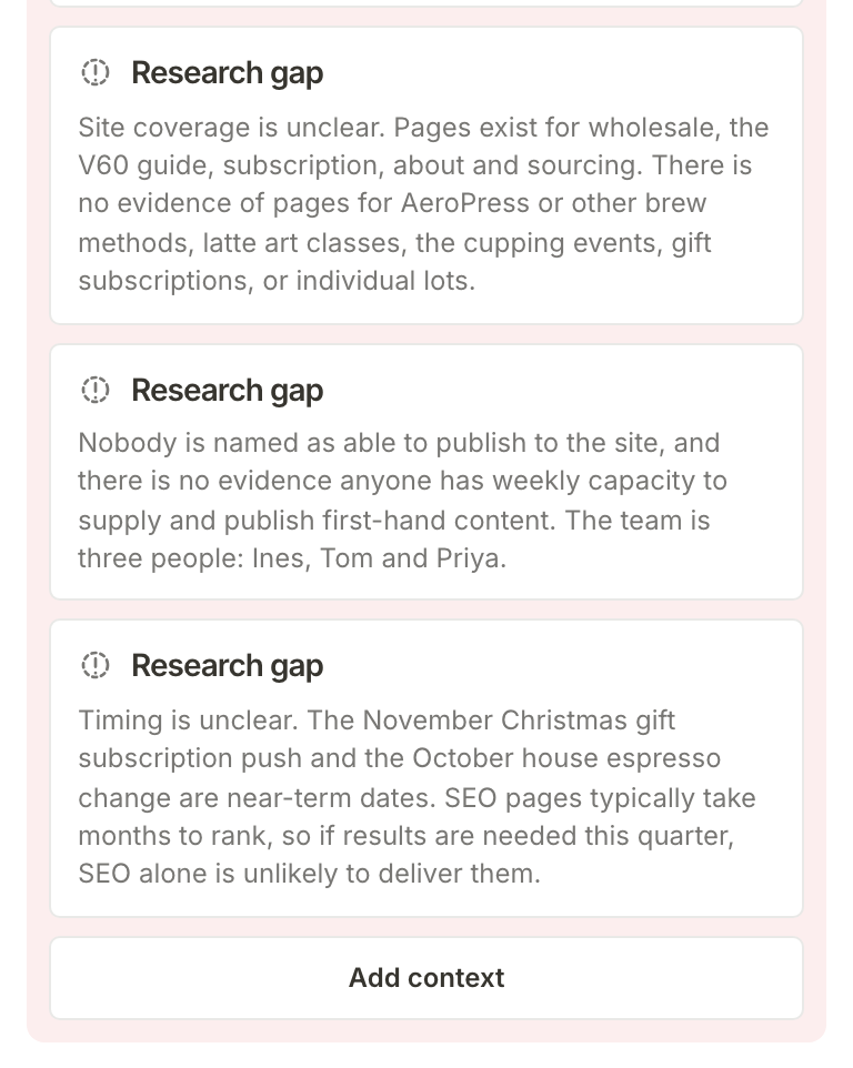 The foot of Not yet known on the Wholesale brief: research gaps the run worked around, and the Add context button