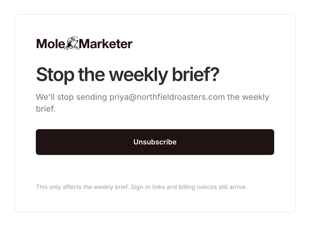 The page a stop link opens: Stop the weekly brief? for priya@northfieldroasters.com, an Unsubscribe button, and a note that it only affects the weekly brief