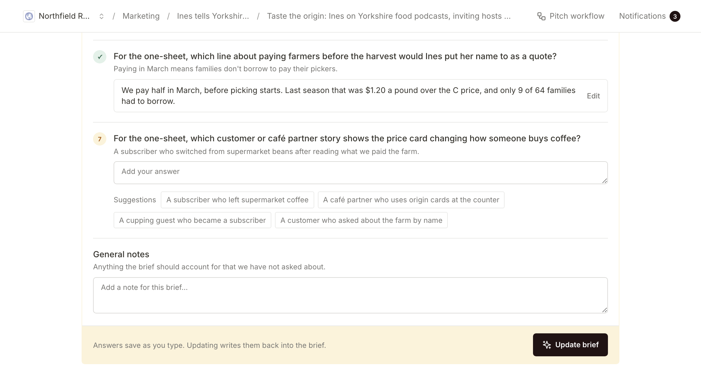 The Human in the loop questions on the Huila podcast brief, with Ines's answer about paying farmers before the harvest above the Update brief button