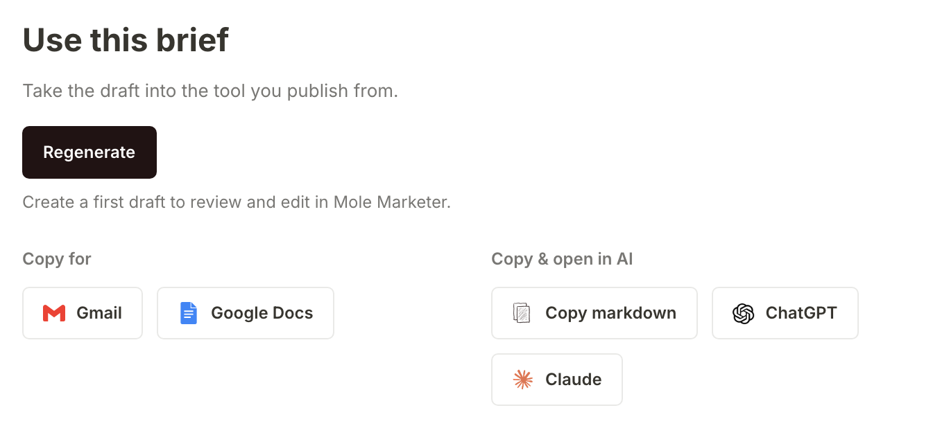 Use this brief on the ready Huila brief: Copy for Gmail or Google Docs, and Copy markdown, ChatGPT or Claude under Copy & open in AI