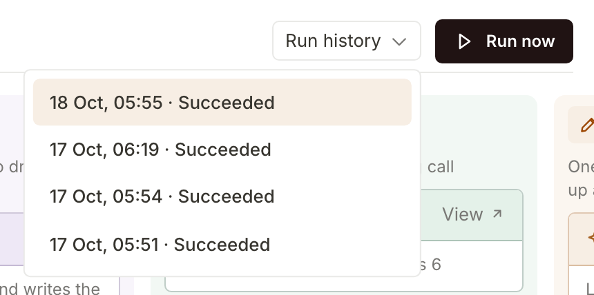 Run history open on the initiative board, listing the property's recent runs by date and time, each marked Succeeded