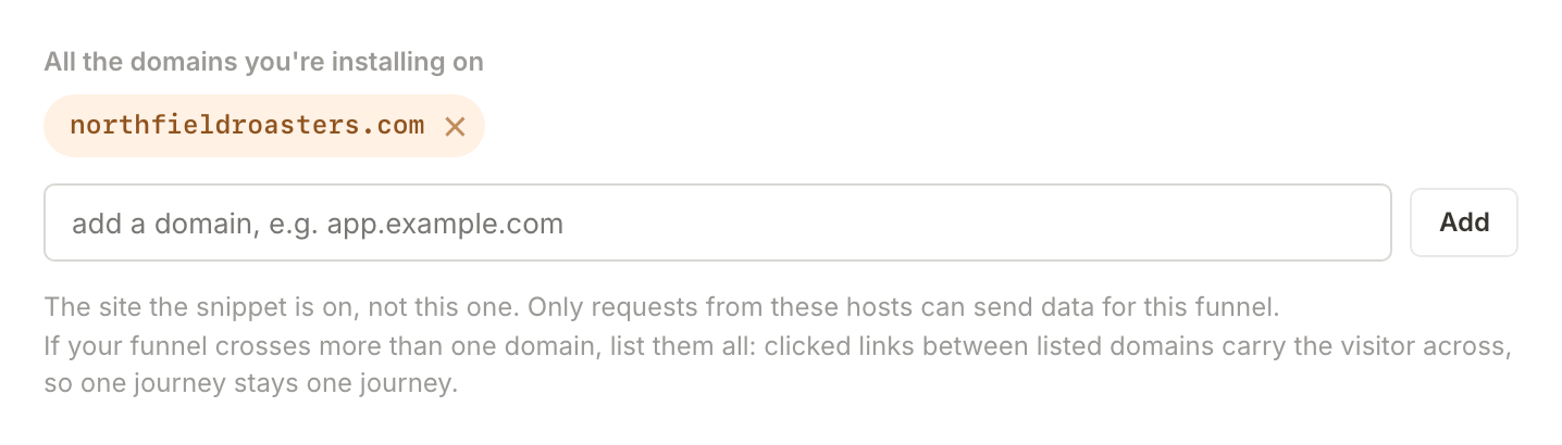 All the domains you're installing on, listing northfieldroasters.com, with a field to add another