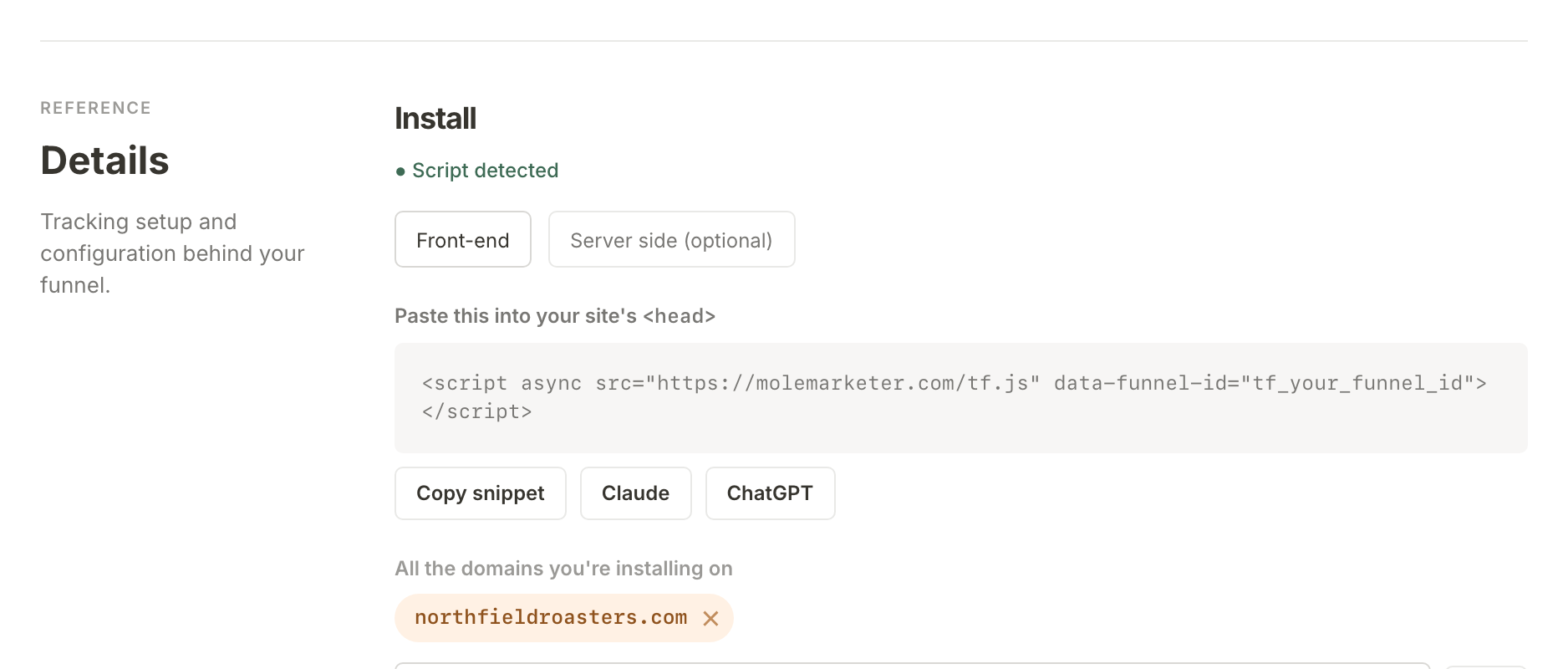 The Install section under Details at the foot of the Analytics page, reading Script detected above the snippet