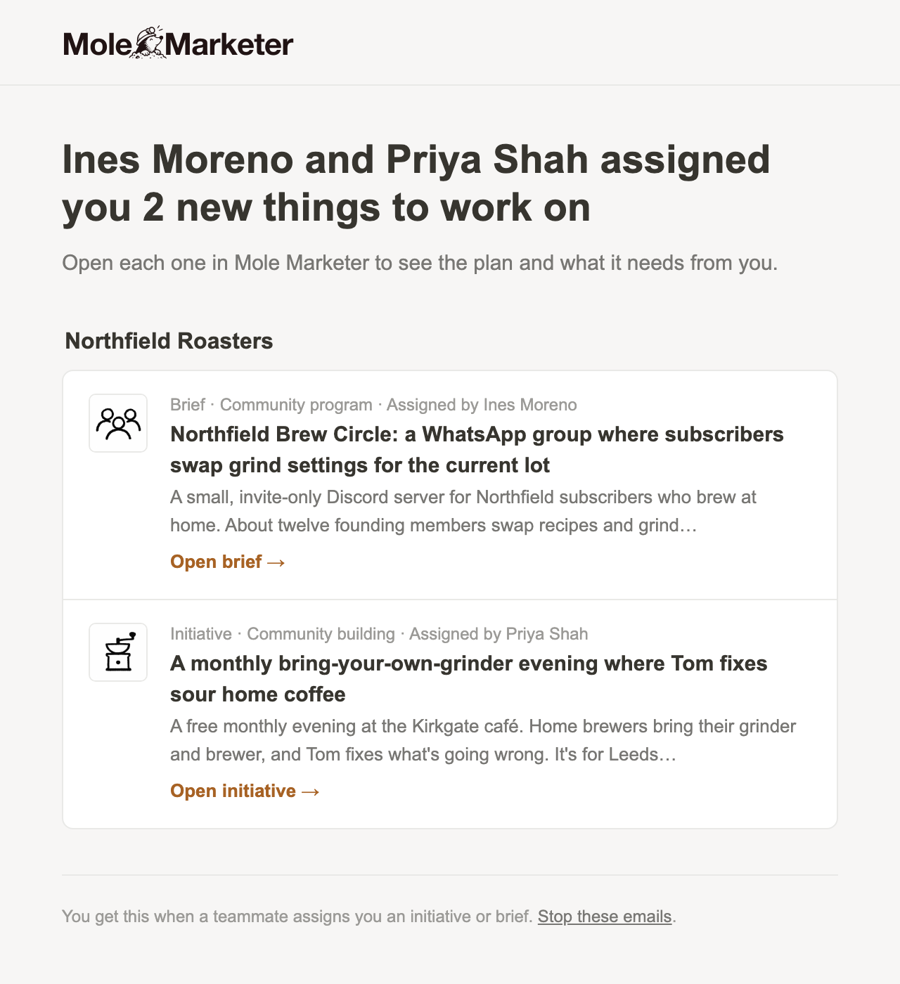 The assignment email Tom receives: what he was assigned in Northfield Roasters, each with a link, and Stop these emails at the foot