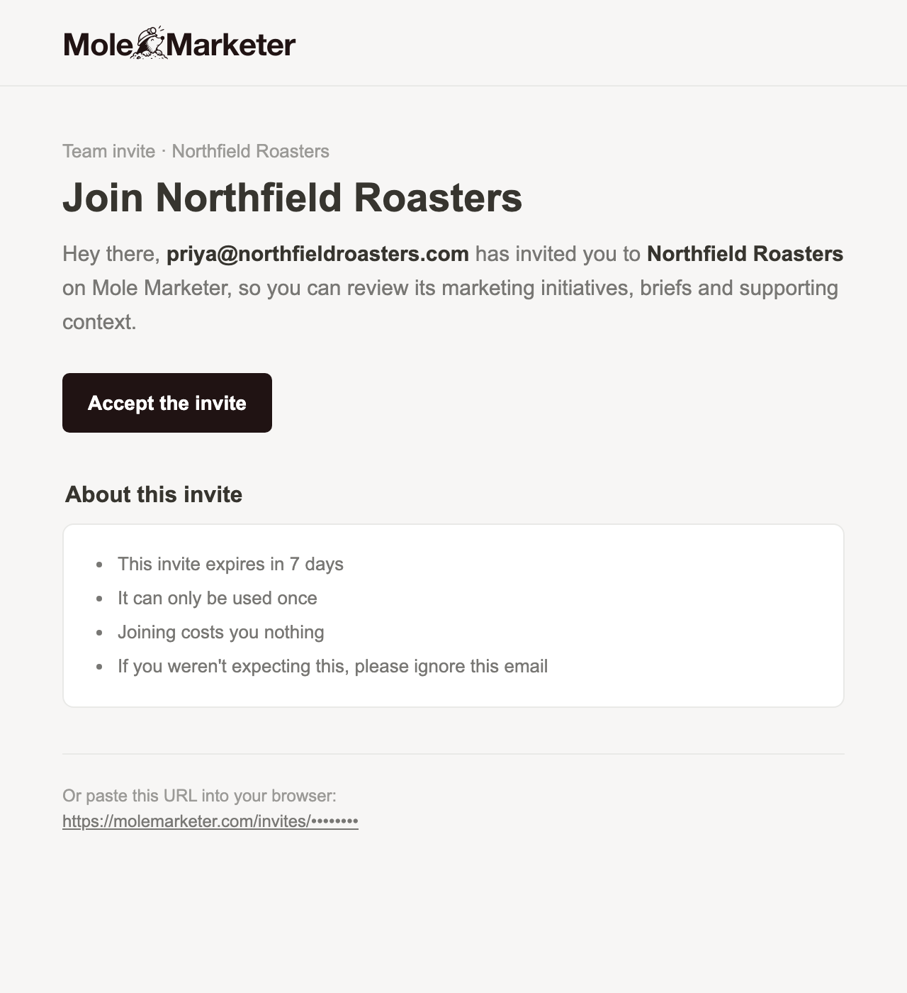 The invite email Sam receives: Join Northfield Roasters, an Accept the invite button, and a note that the invite expires in 7 days and works once