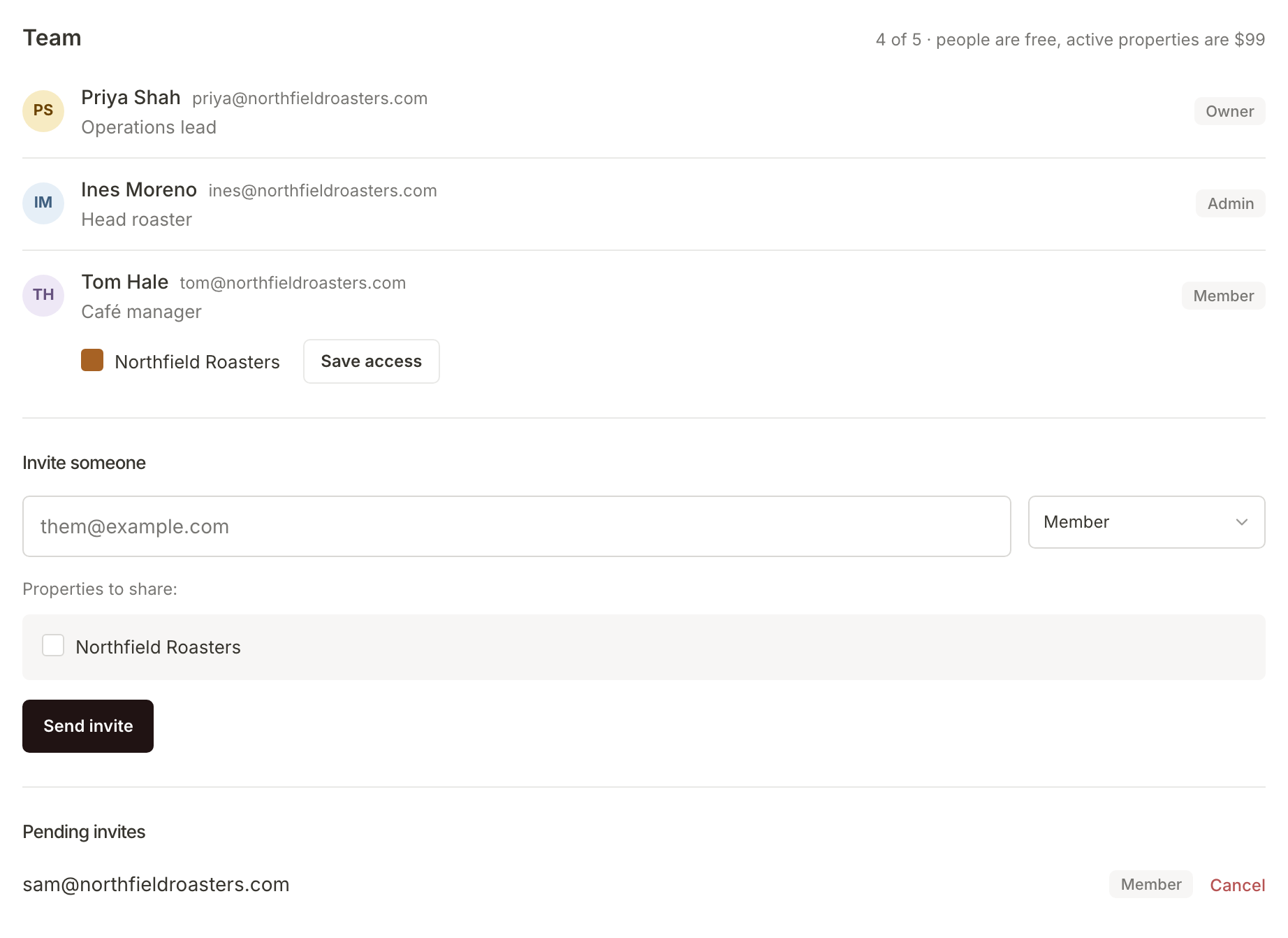 The Team list on the Account page: Priya the owner, Ines an admin, Tom a member with Northfield Roasters ticked, the Invite someone form and a pending invite to Sam