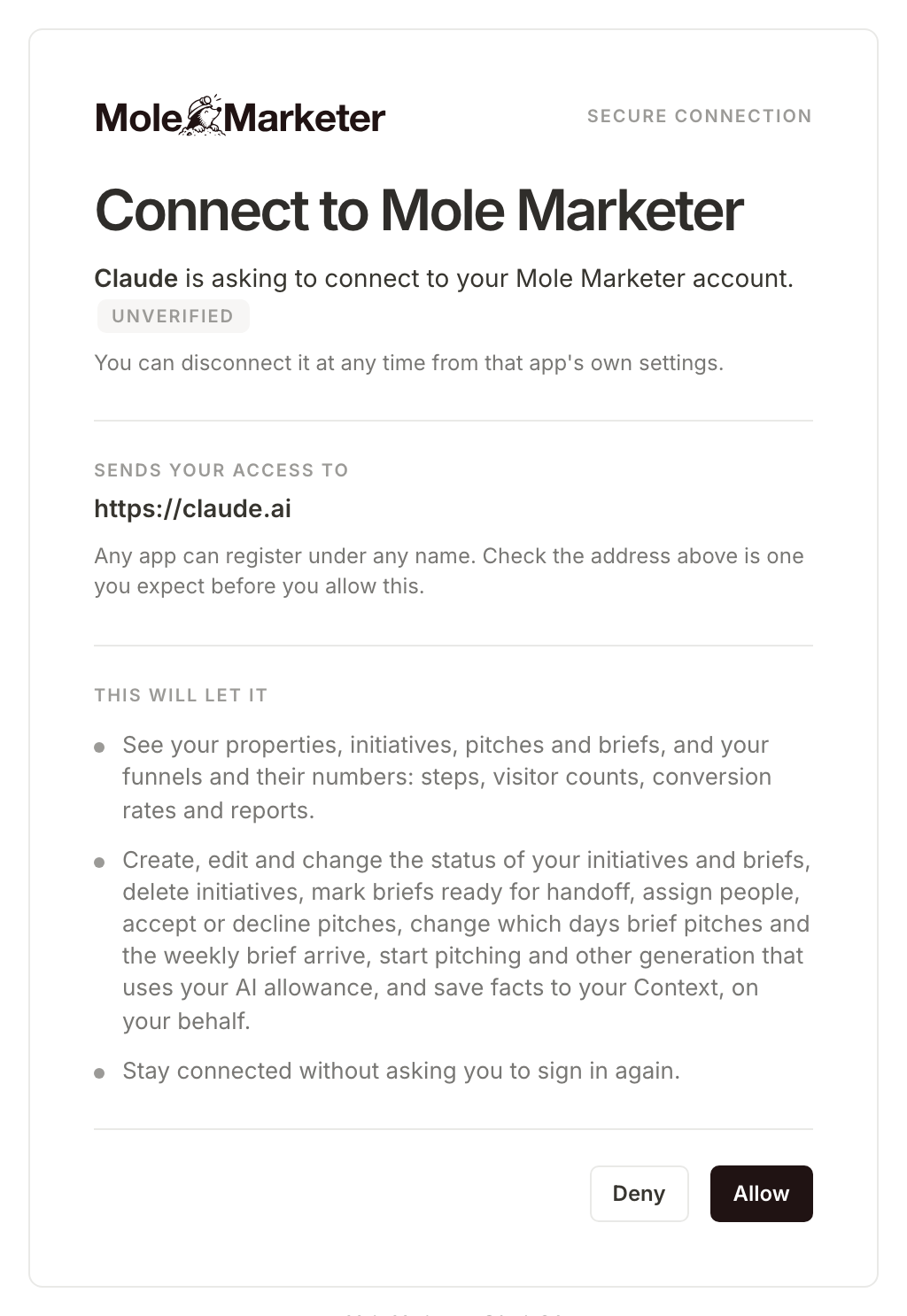Mole Marketer's sign-in screen as Claude connects: Claude is asking to connect to your Mole Marketer account, sends your access to https://claude.ai, and lists what it will let Claude do, above Deny and Allow