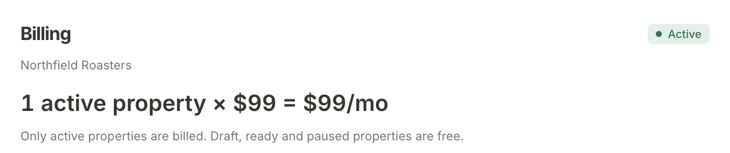Billing on the Account page: 1 active property × $99 = $99/mo, and only active properties are billed