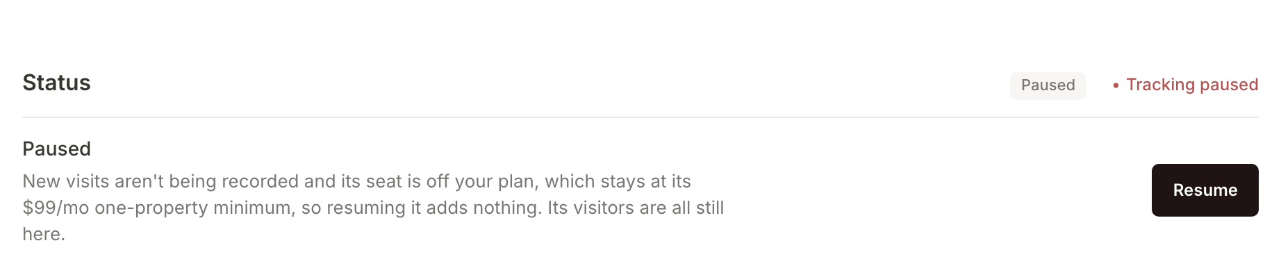 The Status section of a paused property: Paused, its seat off the plan, which stays at its $99/mo one-property minimum, so resuming it adds nothing, and a Resume button