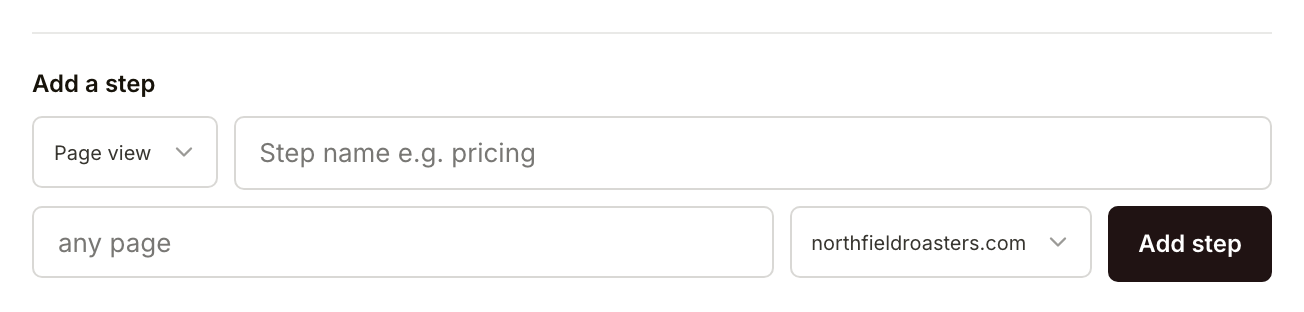 Add a step under the funnel's steps: the step type, a name, the page and the domain, and the Add step button