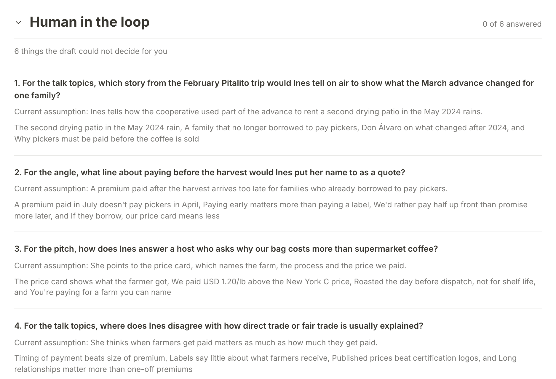 Human in the loop on a brief pitch: six questions only Northfield's team can answer, each with the brief's current assumption