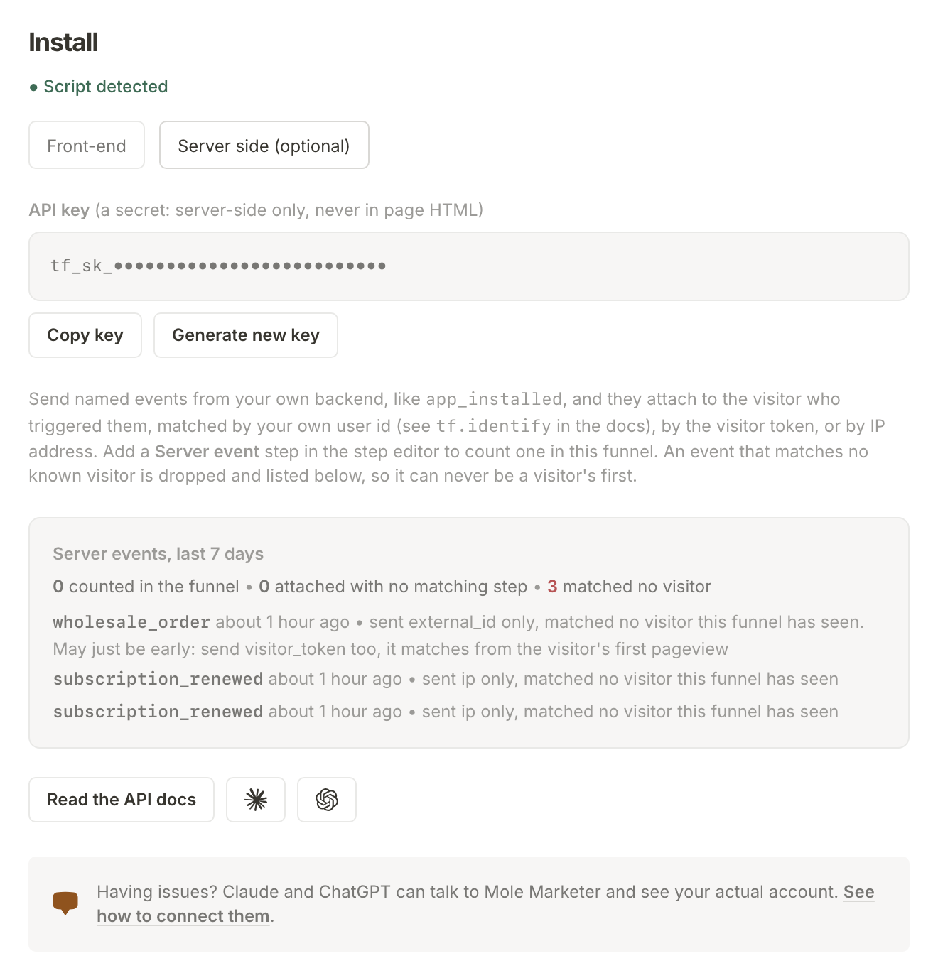 The Server side (optional) tab of the Install section: the masked API key, what to send, and the last 7 days of server events with three that matched no visitor