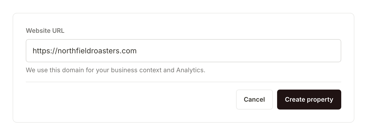 The New property form with Northfield Roasters' website typed into the Website URL field