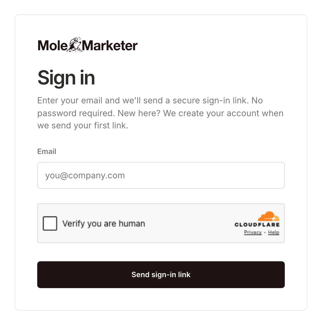 The Mole Marketer sign-in card: one email field and a Send sign-in link button, no password