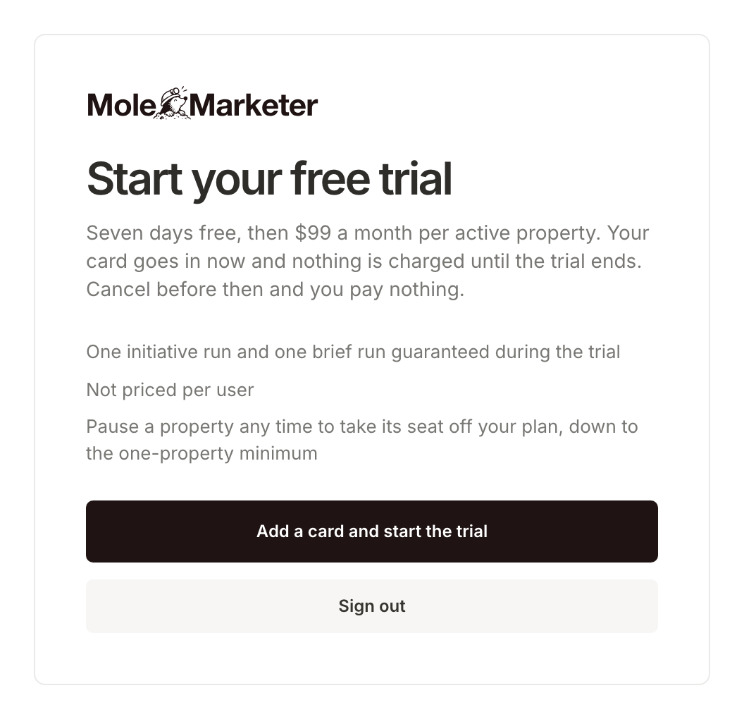 The Start your free trial card: seven days free, then $99 a month per active property, with the card taken now and nothing charged until the trial ends