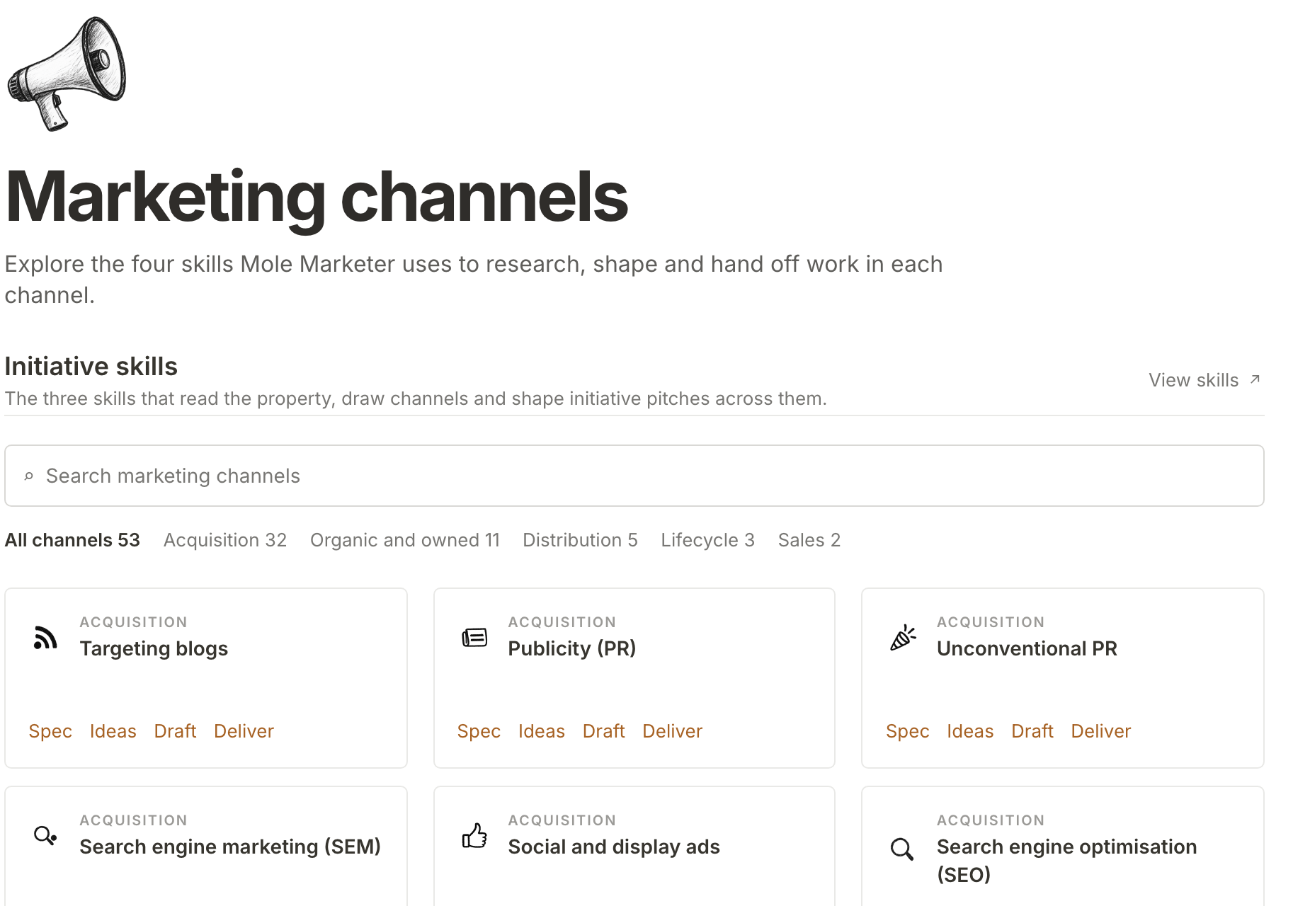 Marketing channels: all 53 channels, filtered by group, each with the skills Mole Marketer uses for it