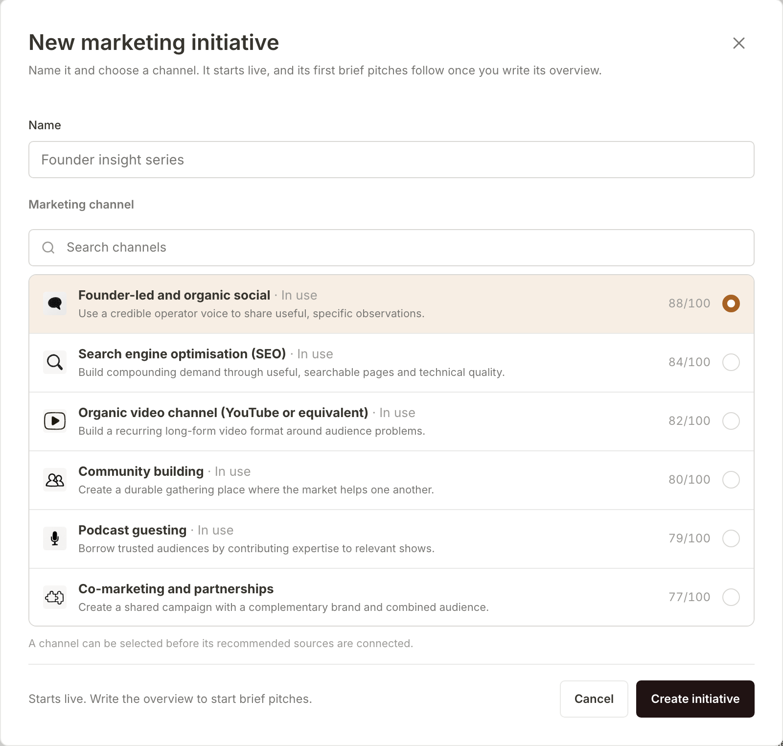 The New marketing project window: a name, a search box and every marketing channel, scored for Northfield, with Create project