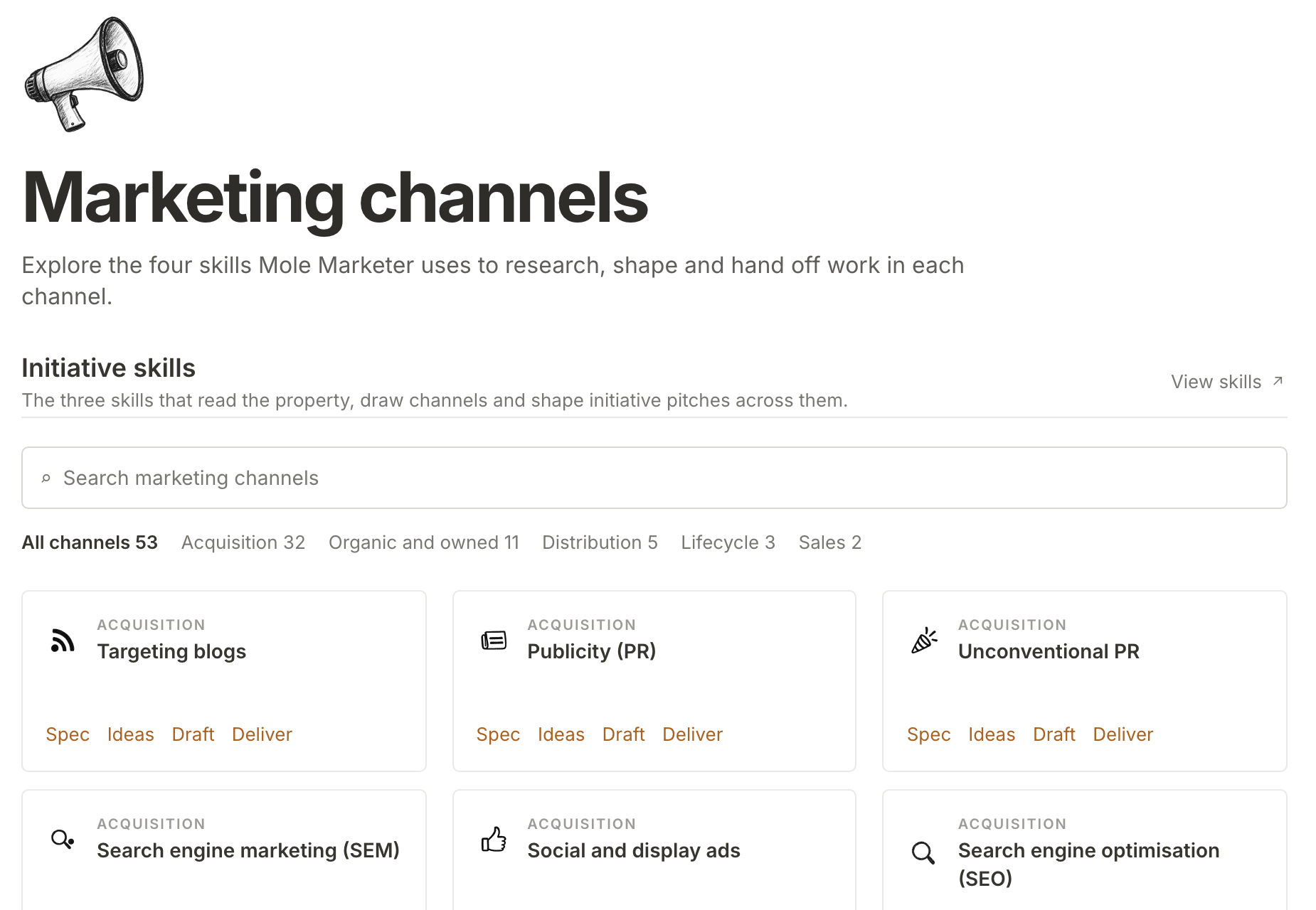 Marketing channels: all 53 channels, filtered by group, each with the skills Mole Marketer uses for it
