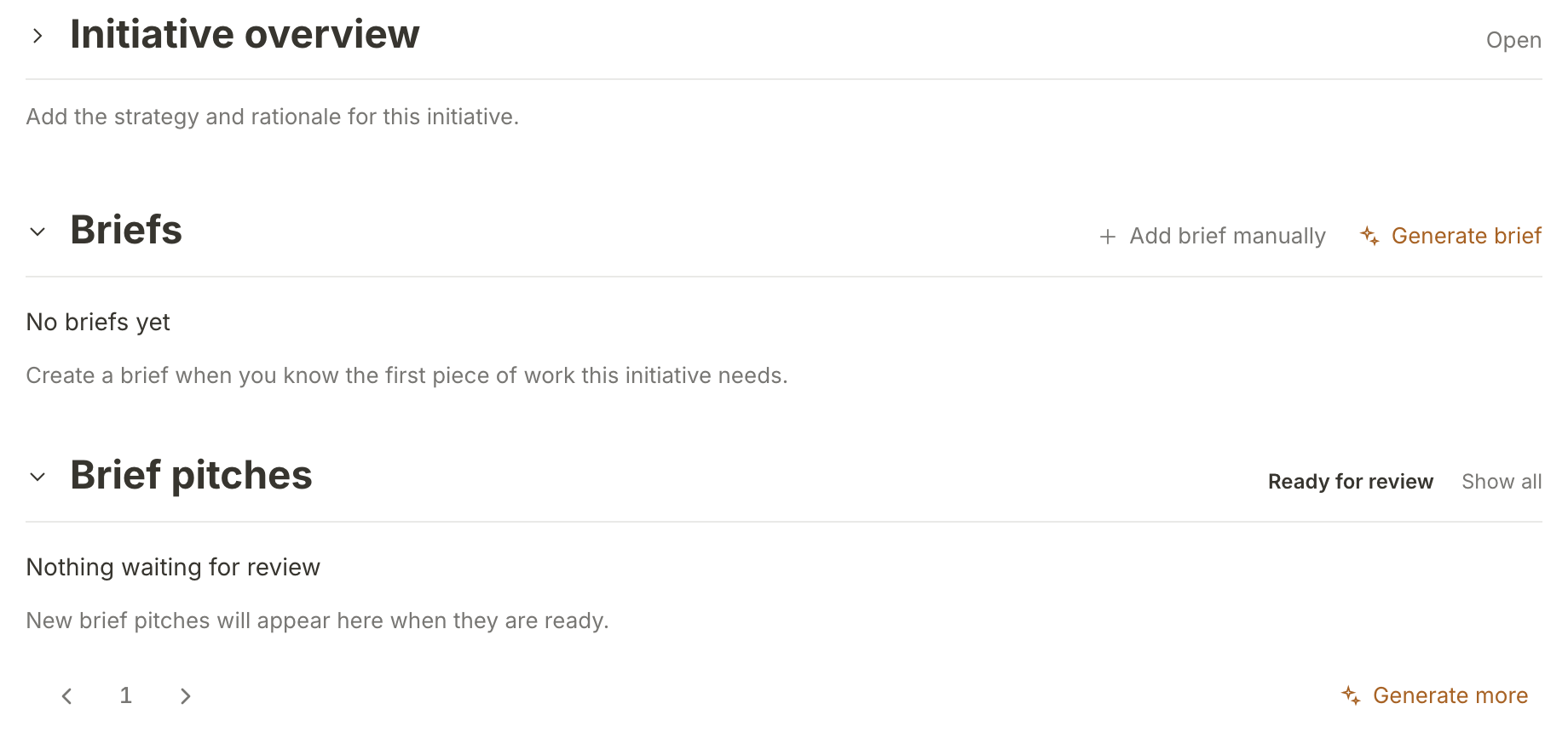 A new hand-made initiative: Initiative overview asks for its strategy, and Briefs and Brief pitches are empty, with Generate brief and Generate more