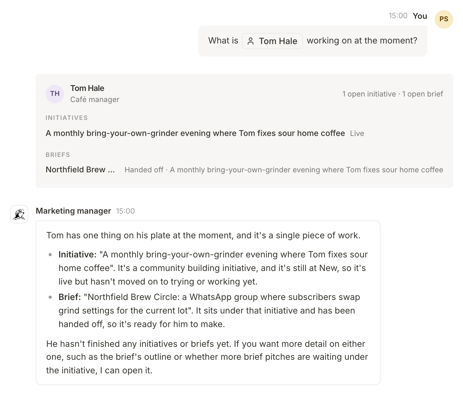 Priya asks what Tom Hale is working on, with Tom mentioned as a chip; the marketing manager looks him up and answers with his live initiative and brief