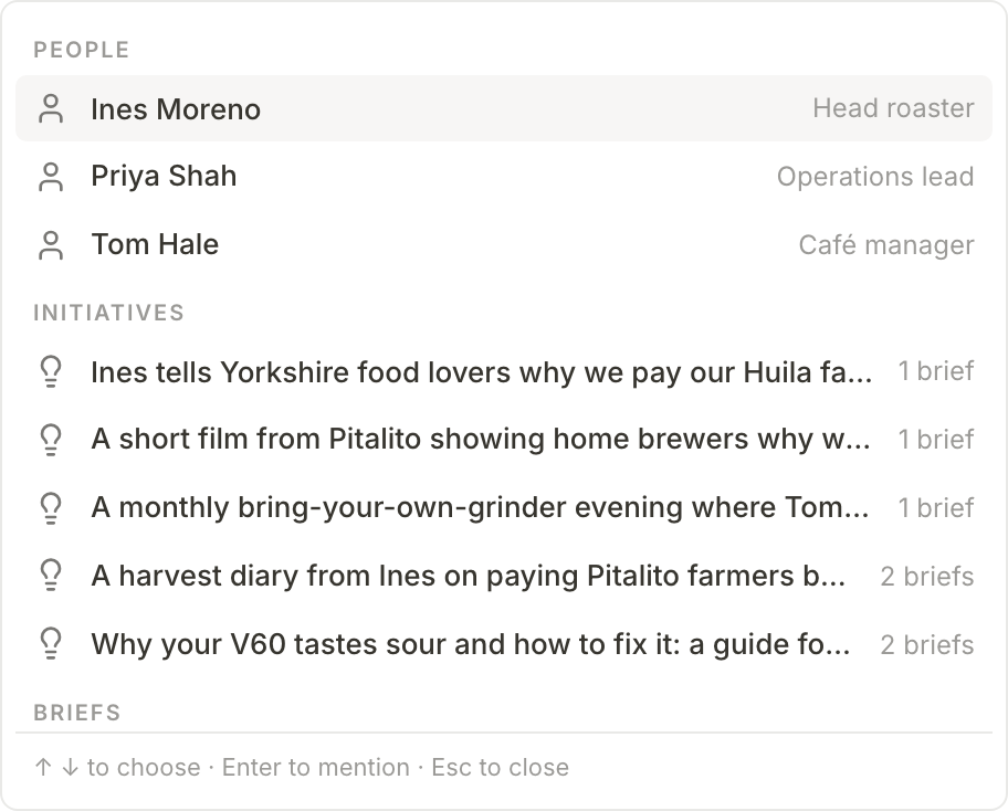 The mention picker above the message box: People, Initiatives, Briefs and Pitches to pick from