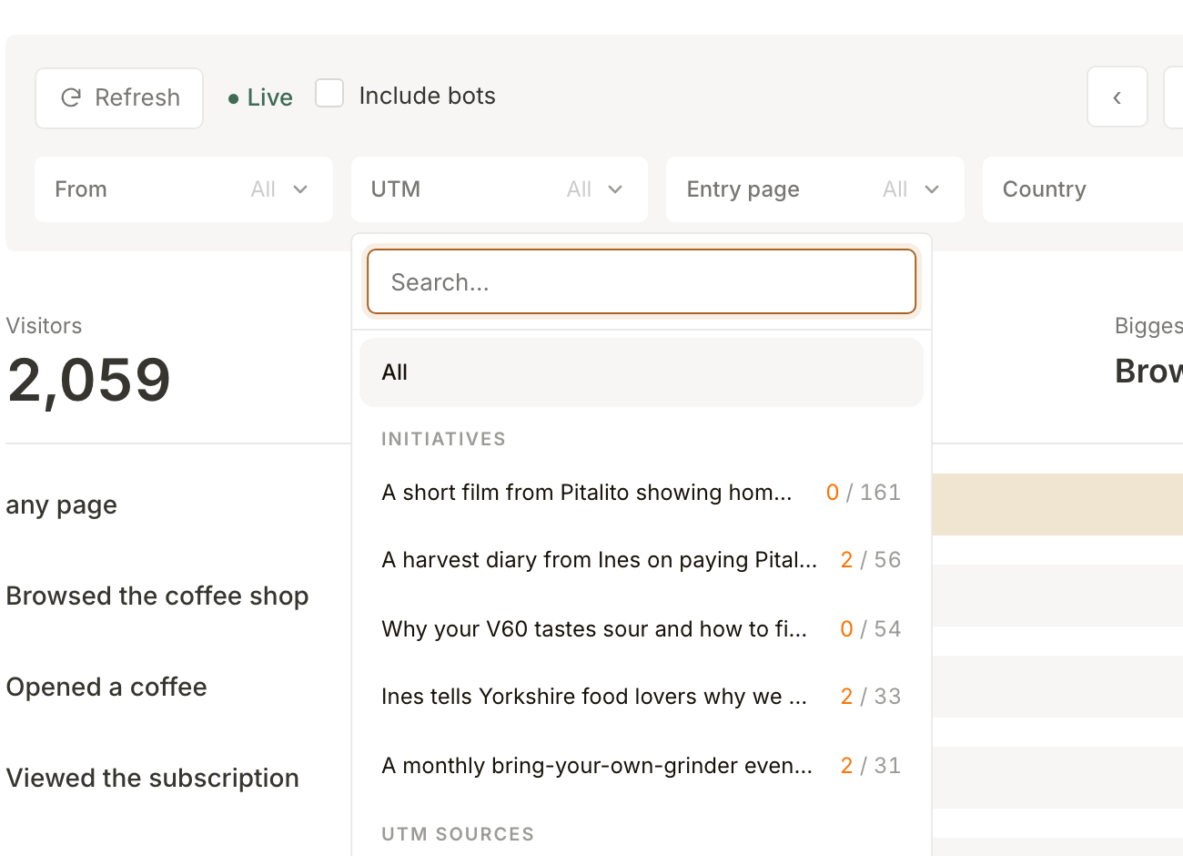 The UTM filter open in Funnel Analytics: your projects listed first, each with its subscribers and visitors, above the raw UTM sources
