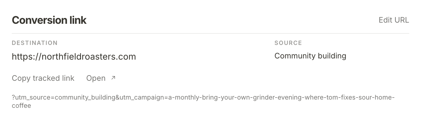 The Conversion link section on the grinder evening initiative: its destination, Community building under Source, Copy tracked link and Open, and the tags the link carries