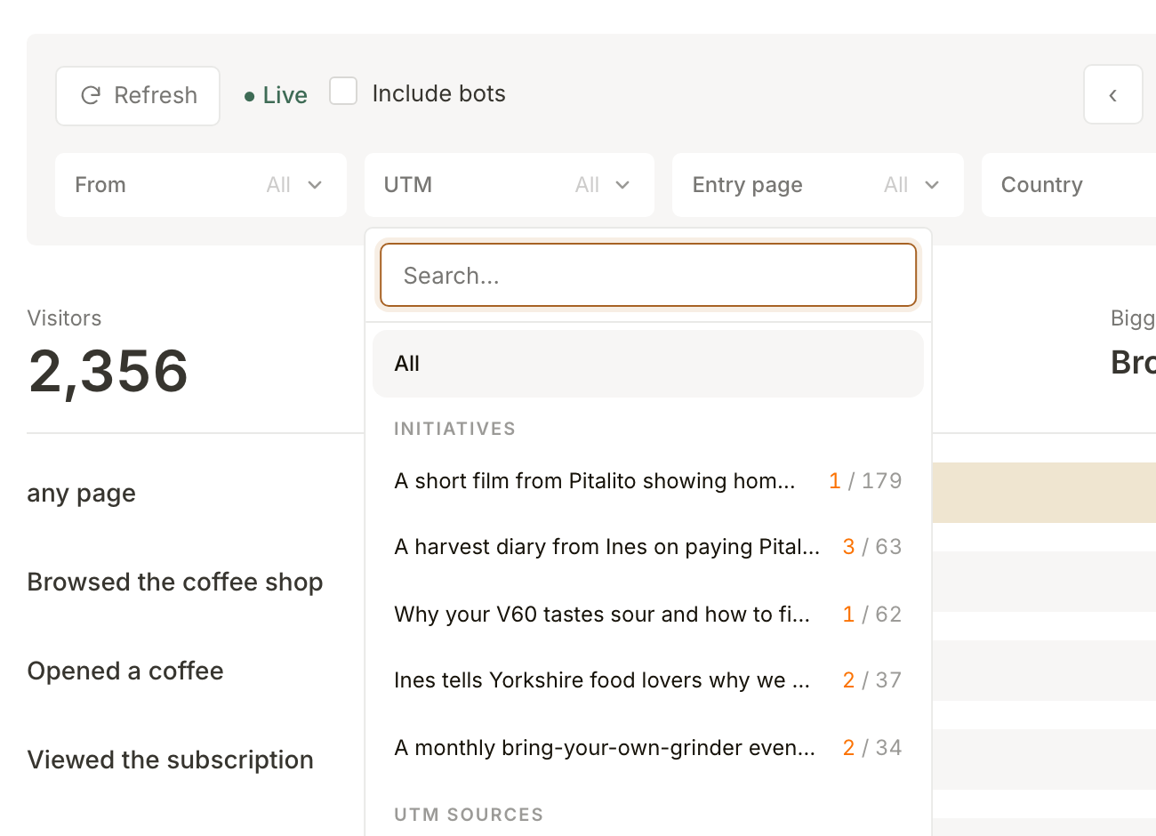 The UTM filter open in Funnel Analytics: your initiatives listed first, each with its subscribers and visitors, above the raw UTM sources