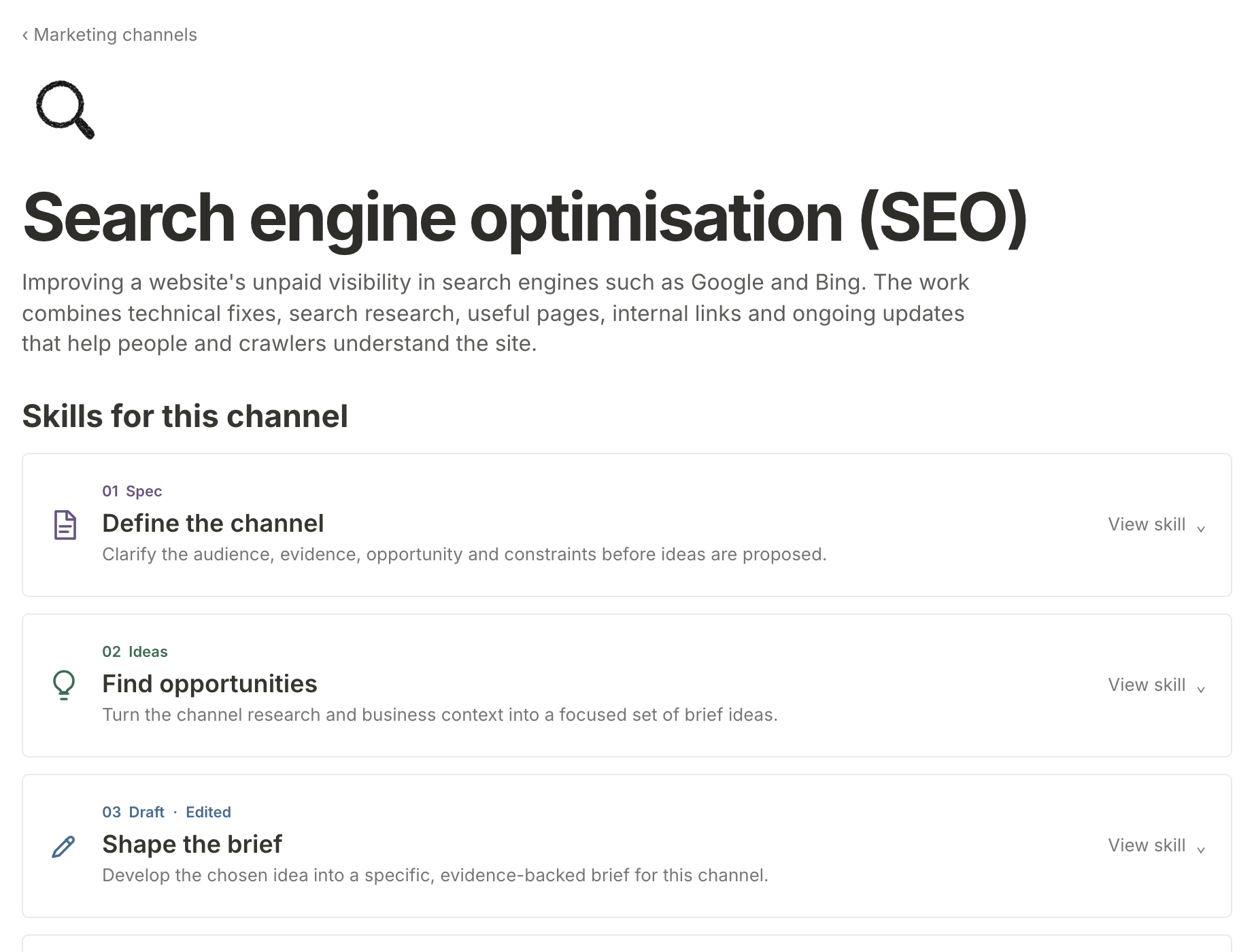 The skills for Search engine optimisation (SEO): 01 Spec, 02 Ideas and 03 Draft, marked Edited, each with View skill