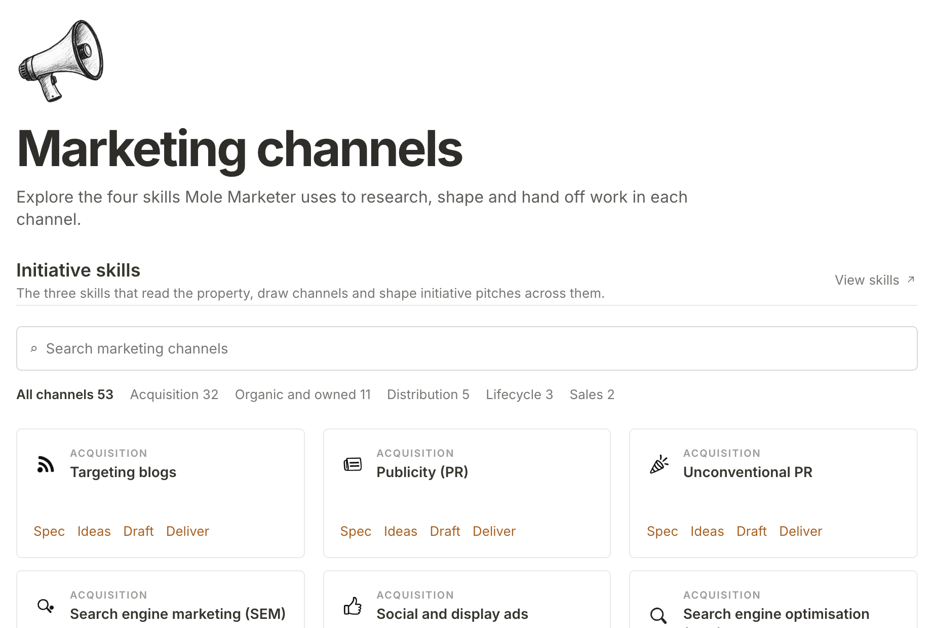 The Marketing channels page: Initiative skills with View skills at the top, then the search, the channel types and each channel's card with its Spec, Ideas, Draft and Deliver skills