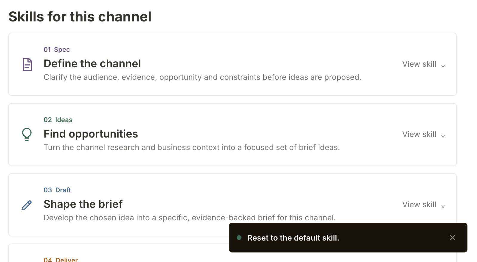 After Reset to default: the SEO skills again, with the Draft card no longer marked Edited and the note Reset to the default skill