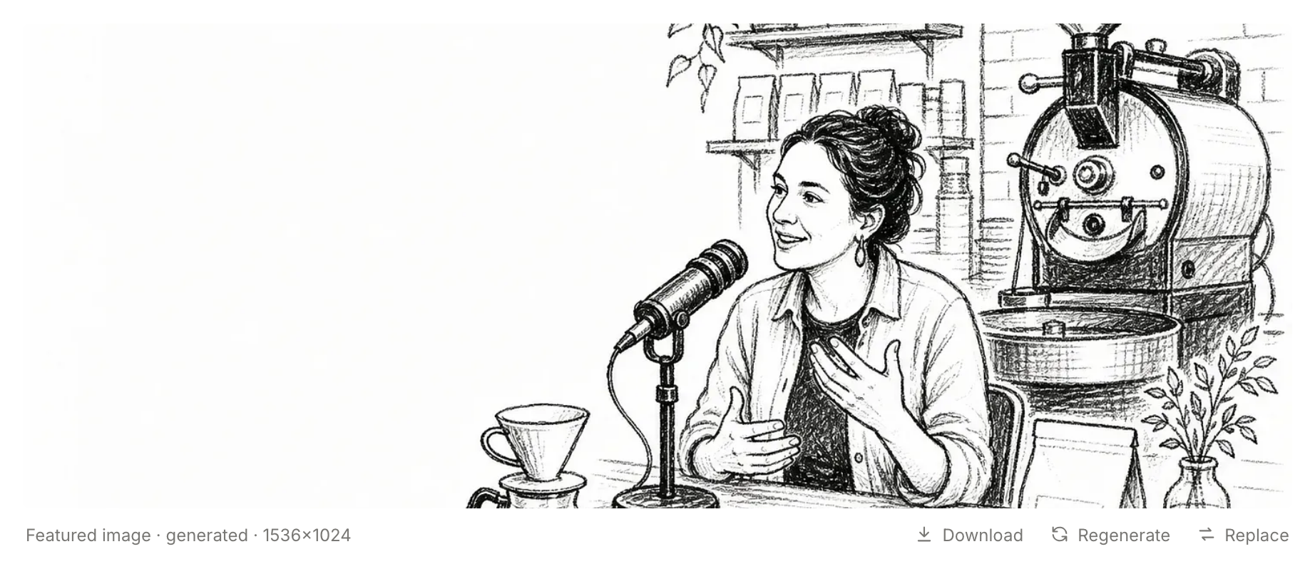 The Huila brief's featured image, a crayon drawing of Ines at a microphone beside the roaster, with Download, Regenerate and Replace under it